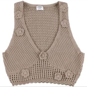 Cotton On Brown Crochet Knit Vest with Floral Accents